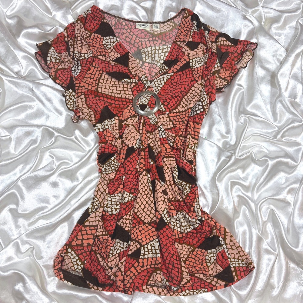 y2k Cato Woman Blouse Coral Excellent O-Ring Mosaic Geometric Print Top 14/16W